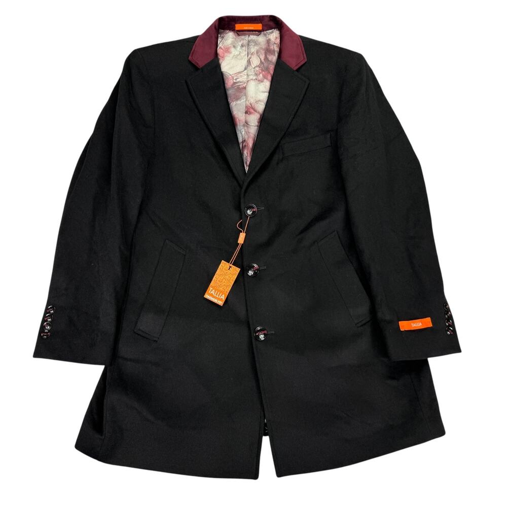 Tallia Mens Wool Blend Velvet Contrast Top Collar Overcoat Black L